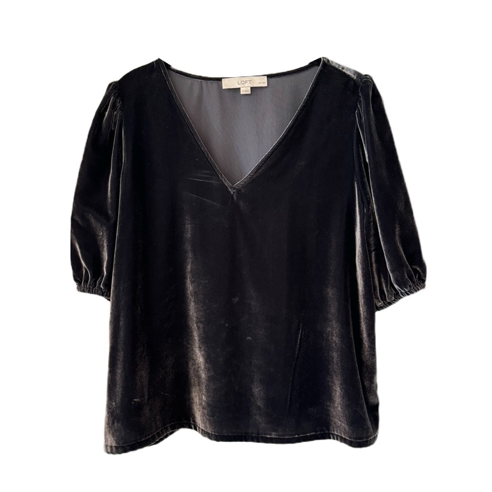 LOFT Anne Taylor Velvet Short Sleeve V Neck Pullover Black Loose Top Size M